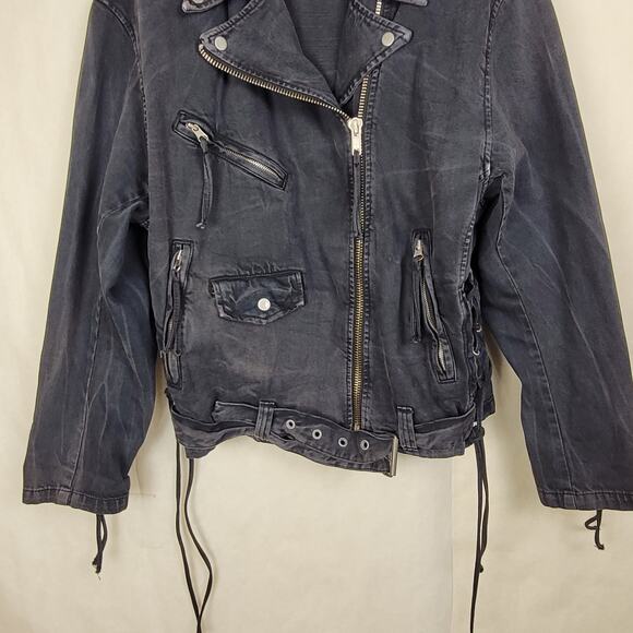 Free People black denim moto jacket Size Large Retro Biker Indie Grunge - Picture 7 of 13